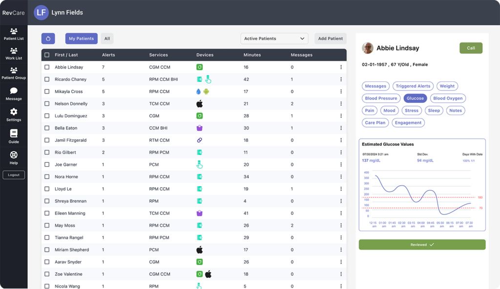 Patient management dashboard with health statistics and alerts.