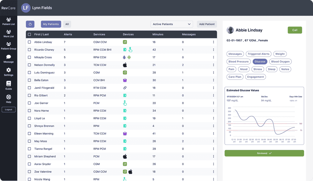 Patient monitoring dashboard with alerts and services overview.